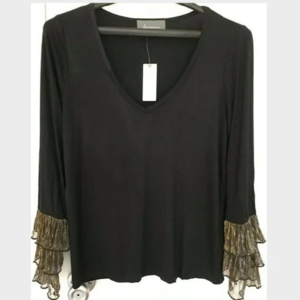 Anthropologie Black V Neck Dress Shirt Top Blouse Long Sleeves Gold Ruffles XS
